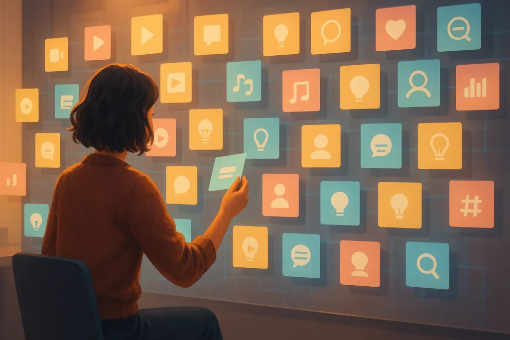 Como Criar Conteúdo: 7 Passos Práticos Para Nunca Mais Ficar Sem Ideias 4 Pessoa organizando post-its digitais com ideias criativas em estúdio moderno