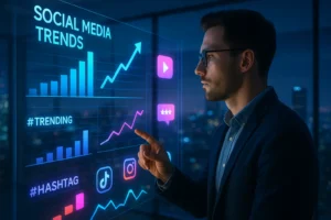 Profissional analisando painel digital com gráficos de tendências em redes sociais e hashtags em destaque