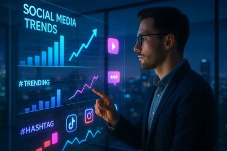 Profissional analisando painel digital com gráficos de tendências em redes sociais e hashtags em destaque