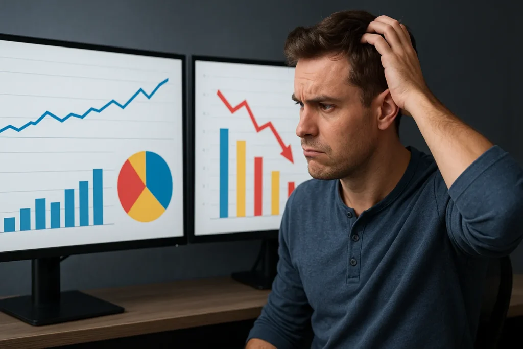 11 Métricas De Redes Sociais Que Realmente Importam Para Seu Negócio 8 Profissional confuso analisa dois painéis digitais, um correto e outro com erros visuais de métricas