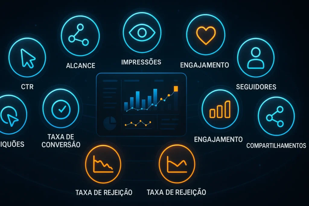 11 Métricas De Redes Sociais Que Realmente Importam Para Seu Negócio 4 Painel digital com 11 métricas de marketing orbitando em anéis iluminados