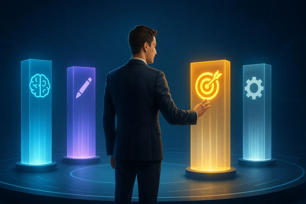 Personal Branding: 5 Pilares Para Construir Uma Marca Pessoal Autêntica 1 Profissional interagindo com pilares holográficos que representam os fundamentos do personal branding