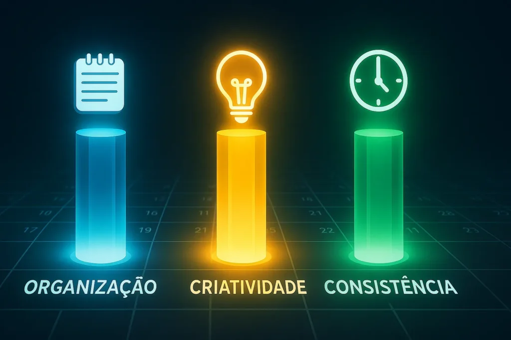 Calendário De Conteúdo: Como Planejar 30 Dias De Posts Em 2 Horas 4 Três pilares coloridos com ícones flutuantes representam os fundamentos de um calendário: organização, criatividade e consistência.
