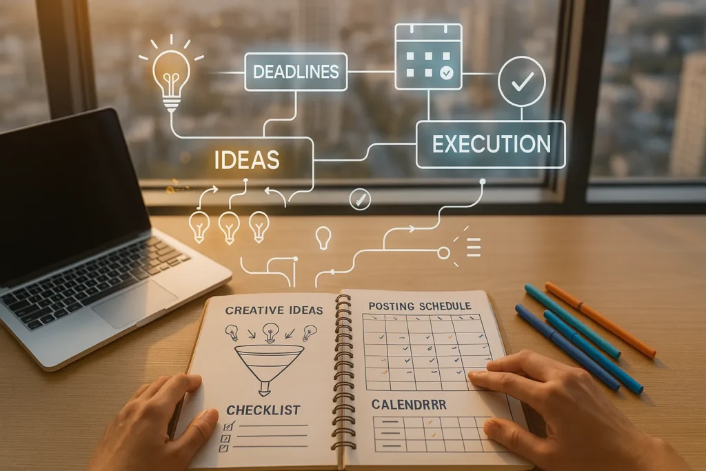 Como Criar Conteúdo: 7 Passos Práticos Para Nunca Mais Ficar Sem Ideias 5 Mesa com planner, funil de ideias e calendário conectados a linha do tempo digital com ideias, prazos e execuções