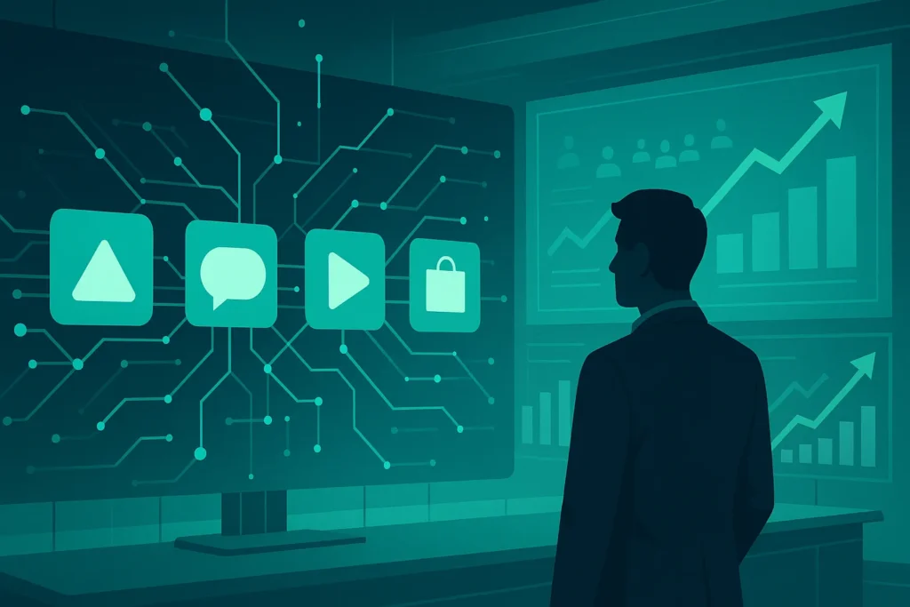 12 Tendências De Redes Sociais Que Estão Transformando O Marketing Digital 5 Silhueta observando painel digital com logos de plataformas emergentes e dados em crescimento