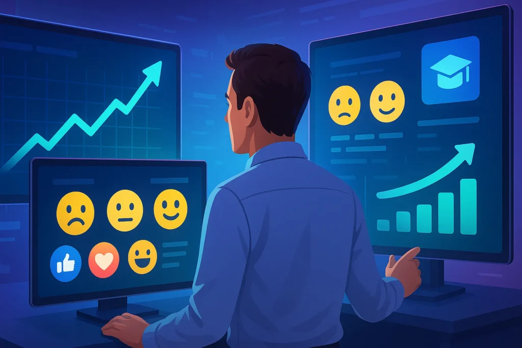 Como Criar Conteúdo: 7 Passos Práticos Para Nunca Mais Ficar Sem Ideias 8 Profissional analisando gráficos de engajamento, feedbacks e estratégias em três telas digitais.