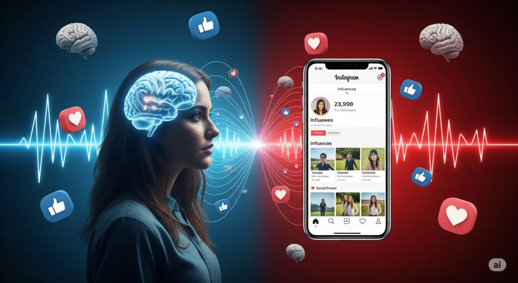Bio Instagram Perfeita: 10 Elementos Essenciais Para Converter Visitantes Em Seguidores 4 Mulher pensativa olhando para tela de celular com perfil de Instagram, cercada por cérebros, corações e likes.