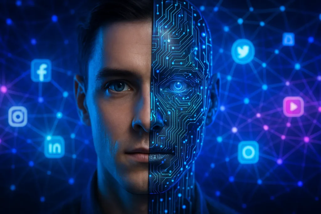 12 Tendências De Redes Sociais Que Estão Transformando O Marketing Digital 7 Metade rosto humano e metade IA com redes neurais e ícones de redes sociais ao fundo