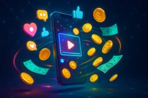 Celular flutuante exibindo vídeo viral com moedas e curtidas ao redor