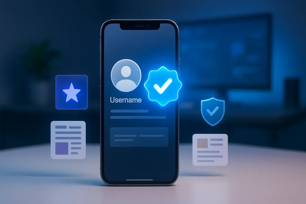 Selo azul de verificação em smartphone com hologramas de autoridade e segurança