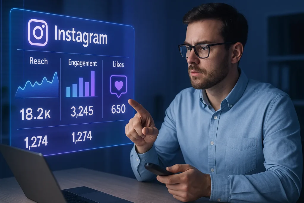 Filtros Instagram: 15 Segredos Para Criar Efeitos Virais E Aumentar Seu Engajamento 8 Profissional analisando métricas do Instagram em painel holográfico no escritório moderno.