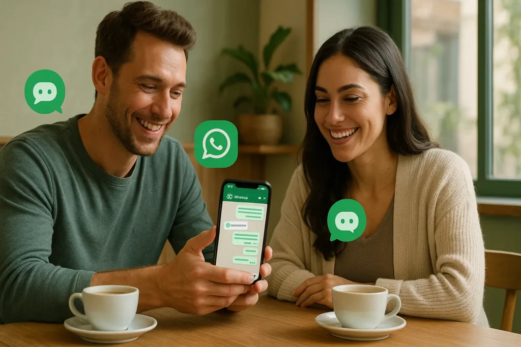 Como Vender Pelo Whatsapp: 12 Estratégias Comprovadas Para Multiplicar Suas Vendas 7 Duas pessoas em um café moderno conversando e sorrindo enquanto usam WhatsApp no celular.