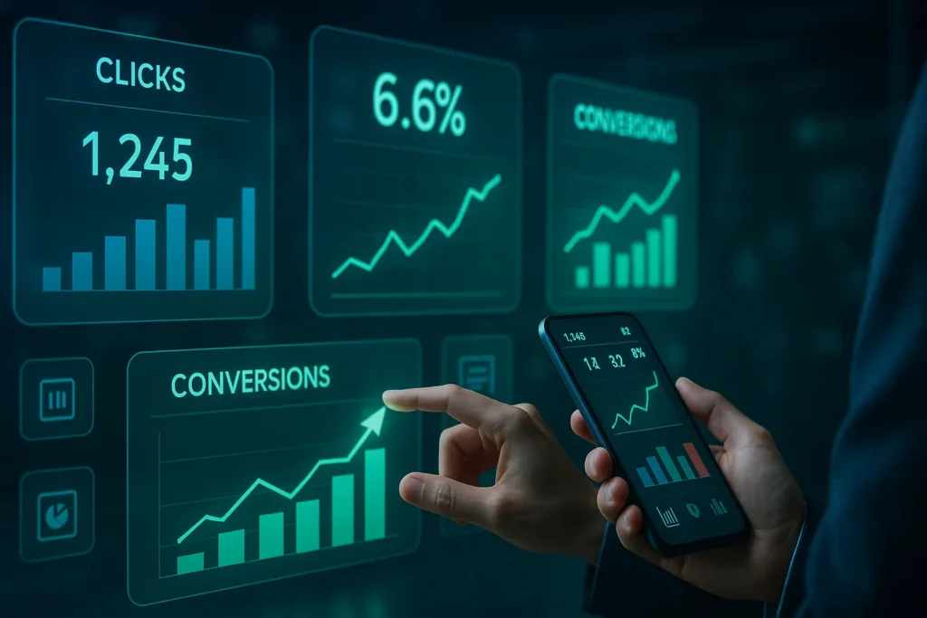 Centro de análise digital com dashboards holográficos mostrando métricas de anúncios e conversões.