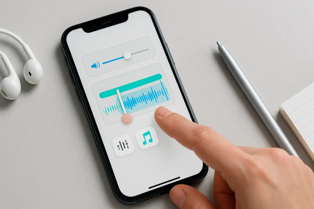 Telefone mostrando edição de música com sliders e adesivo musical
