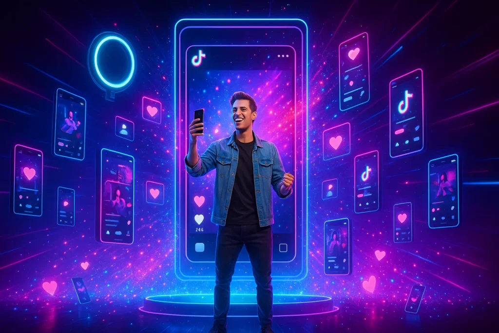 Criador de conteúdo em palco futurista com hologramas do TikTok, curtidas e seguidores ao redor.