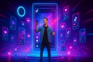 Criador de conteúdo em palco futurista com hologramas do TikTok, curtidas e seguidores ao redor.