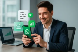 Profissional digitando no WhatsApp Business em escritório moderno, com ícones de vendas digitais flutuando.