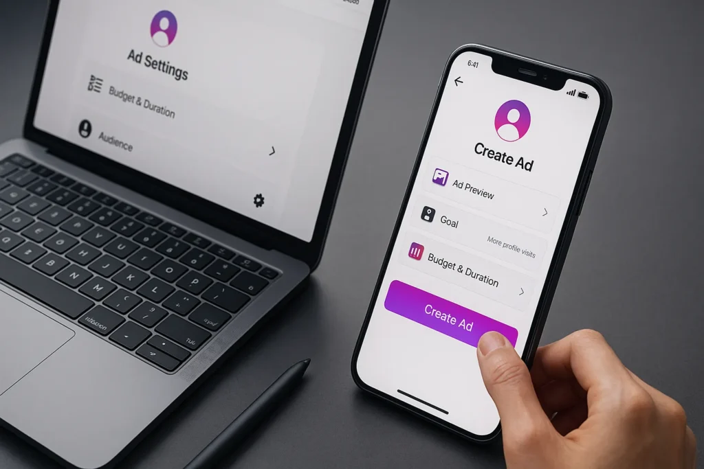 Smartphone e notebook exibindo configuração de anúncios do Instagram em mesa organizada.