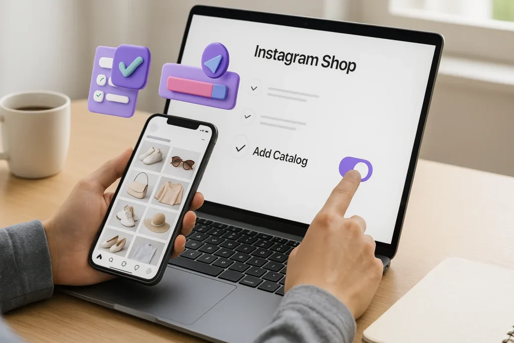 Instagram Shop: 8 Estratégias Comprovadas Para Vender Mais Em Sua Loja Virtual 5 Pessoa configurando o Instagram Shop no notebook e smartphone em mesa minimalista com ícones 3D de progresso.