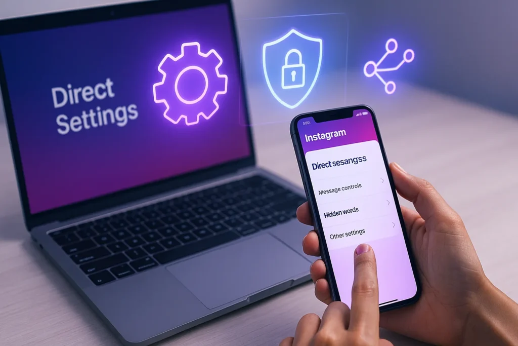 Direct Instagram: 11 Estratégias Para Multiplicar Suas Conversões Via Dm 5 Mãos ajustando configurações do Instagram Direct com ícones holográficos de segurança e automação sobrepostos.