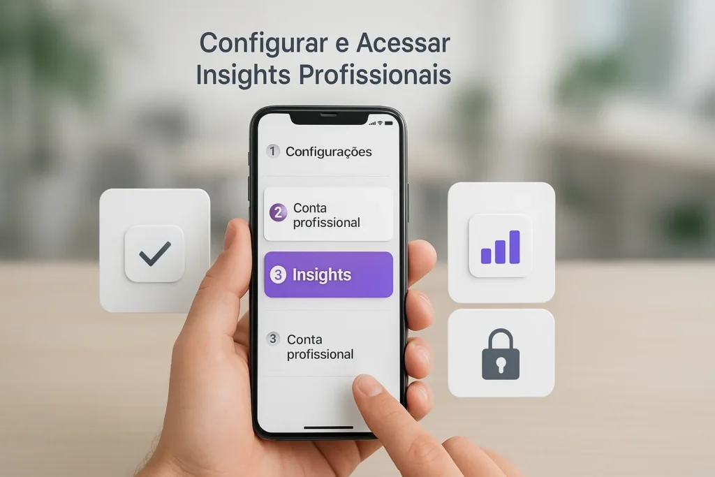 Instagram Insights: 8 Métricas Essenciais Para Multiplicar Seu Engajamento 5 Passo a passo visual para configurar conta profissional e acessar Insights no smartphone com telas realistas e marcadores numerados.