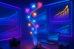 Ícones de curtidas e compartilhamentos explodindo em espiral diante de telas holográficas com gráficos de crescimento