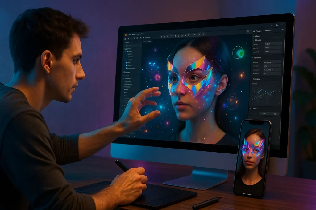 Filtros Instagram: 15 Segredos Para Criar Efeitos Virais E Aumentar Seu Engajamento 6 Designer criando filtro 3D para Instagram em estação de trabalho criativa com tablet gráfico e elementos holográficos.