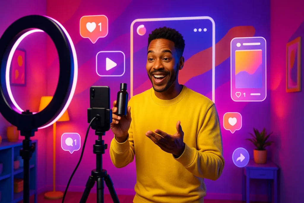 Instagram Shop: 8 Estratégias Comprovadas Para Vender Mais Em Sua Loja Virtual 7 Criador de conteúdo gravando vídeo para Reels em estúdio colorido com ícones digitais flutuantes.