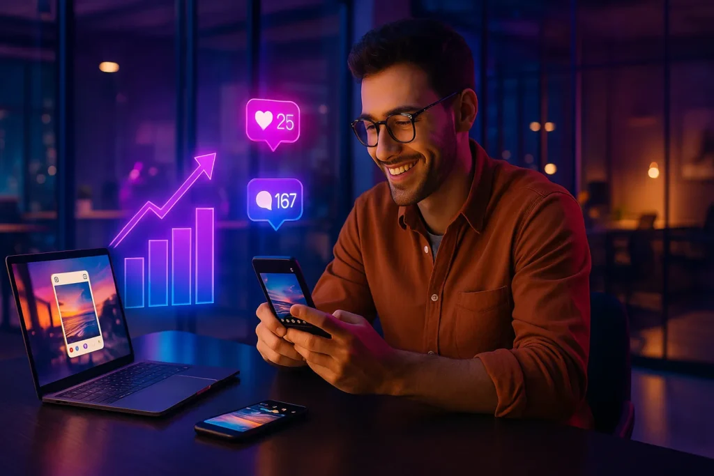 Criador de conteúdo aplicando filtro no Instagram com hologramas de engajamento e gráfico de crescimento.