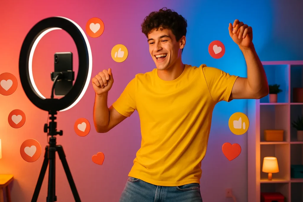 Como Crescer No Tiktok: 12 Estratégias Comprovadas Para Explodir Seu Perfil 6 Criador de conteúdo dançando em estúdio colorido com ring light e emojis flutuando