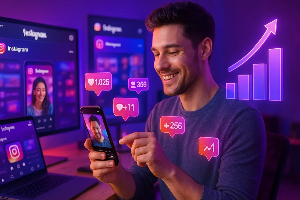 Filtros Instagram: 15 Segredos Para Criar Efeitos Virais E Aumentar Seu Engajamento 1 Criador de conteúdo aplicando filtros no Instagram com hologramas de engajamento e gráficos de crescimento.