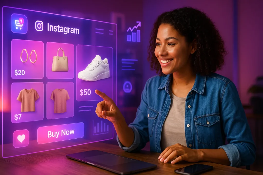 Instagram Shop: 8 Estratégias Comprovadas Para Vender Mais Em Sua Loja Virtual 1 Empreendedora interagindo com painel holográfico do Instagram Shop em estúdio moderno.