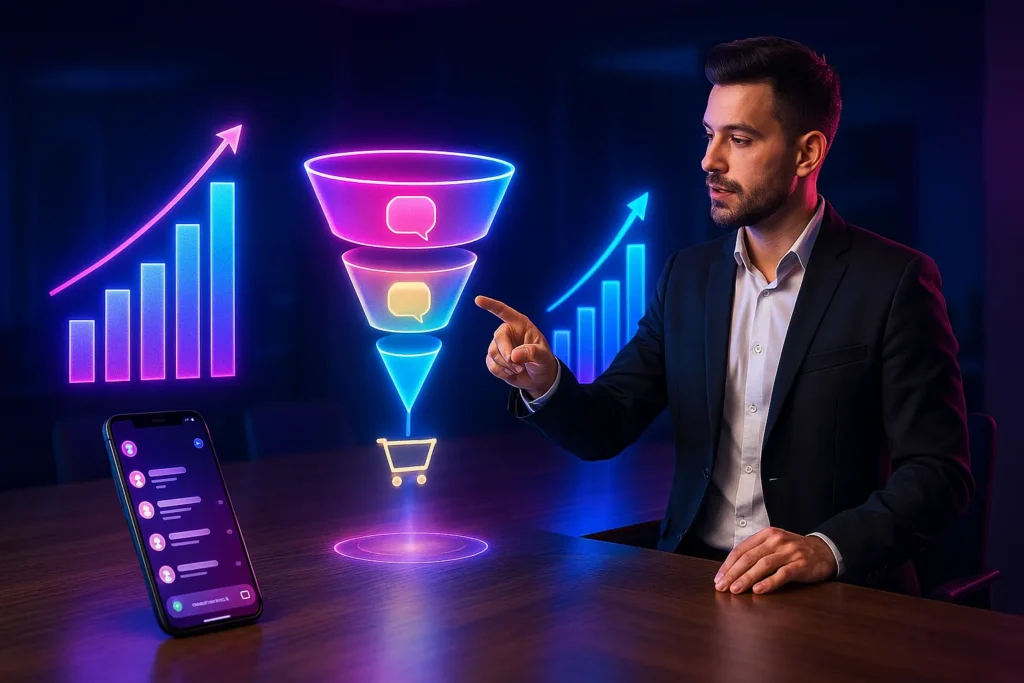 Direct Instagram: 11 Estratégias Para Multiplicar Suas Conversões Via Dm 7 Profissional em sala futurista analisando funil de conversão do Instagram Direct com gráficos holográficos de vendas.