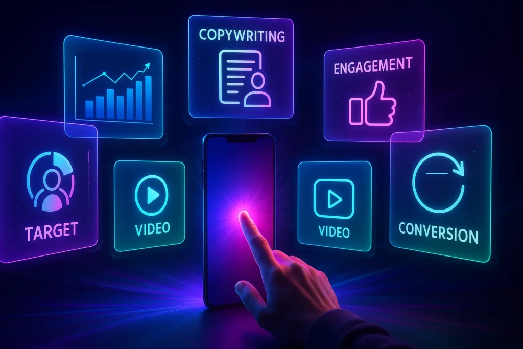 Estratégias de marketing digital em hologramas futuristas ao redor de smartphone.