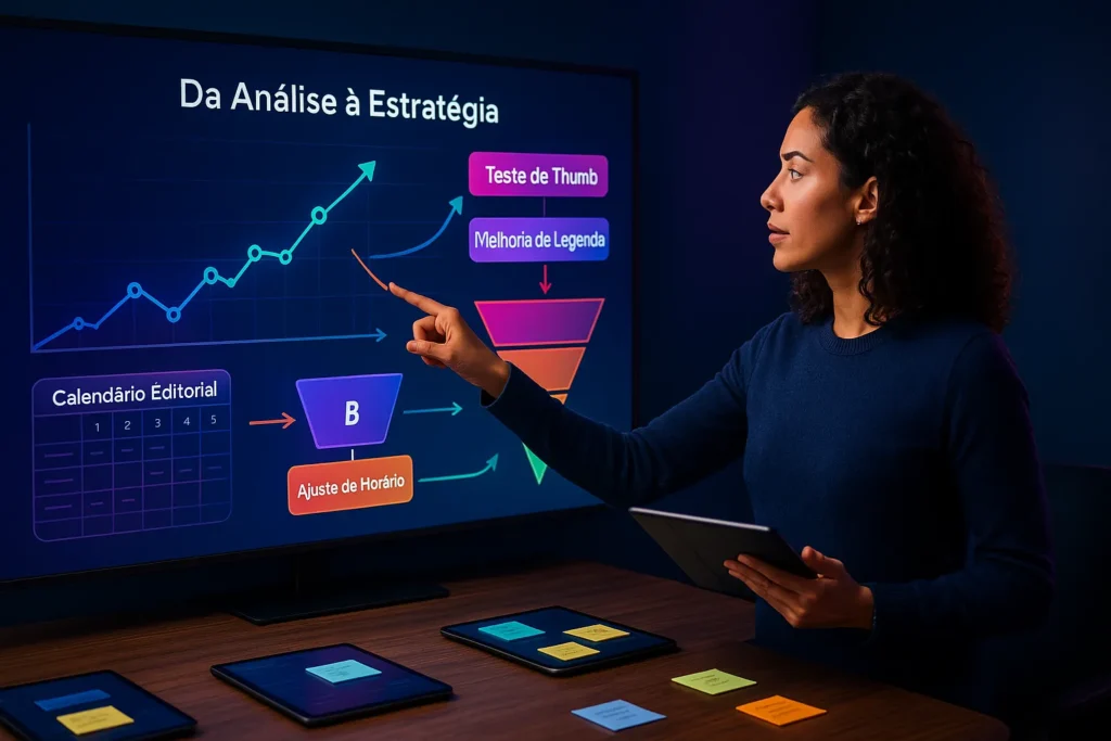 Instagram Insights: 8 Métricas Essenciais Para Multiplicar Seu Engajamento 7 Estrategista de marketing analisa gráficos e insights em quadro digital, conectando dados a decisões táticas.