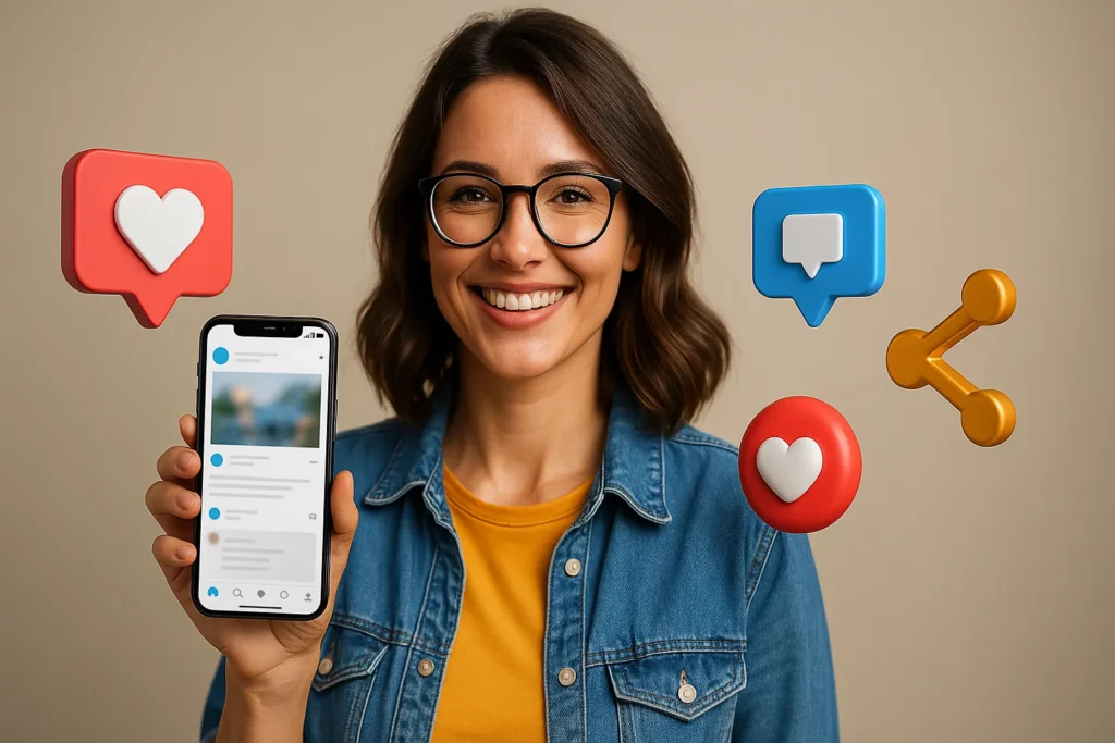 Fotografia Para Redes Sociais: 10 Técnicas Profissionais Usando Apenas Seu Celular 2 Mulher sorrindo segurando celular em estúdio minimalista com ícones 3D de curtidas, comentários e compartilhamentos.