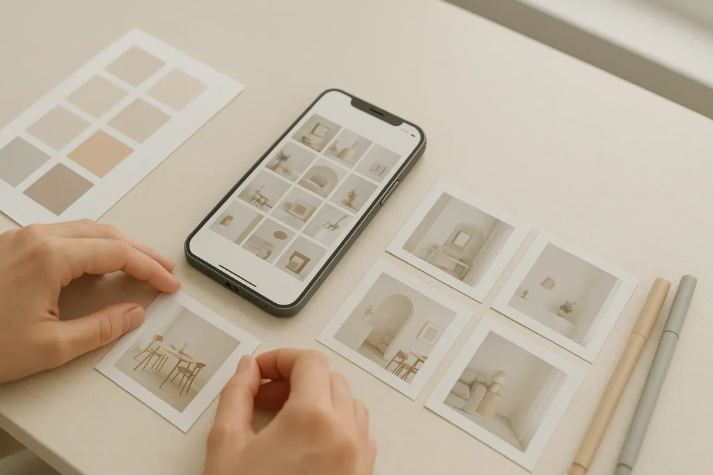 Feed Organizado Instagram: 9 Métodos Para Um Perfil Irresistível 5 Designer ajustando fotos ao lado de smartphone com feed do Instagram organizado em mesa criativa.