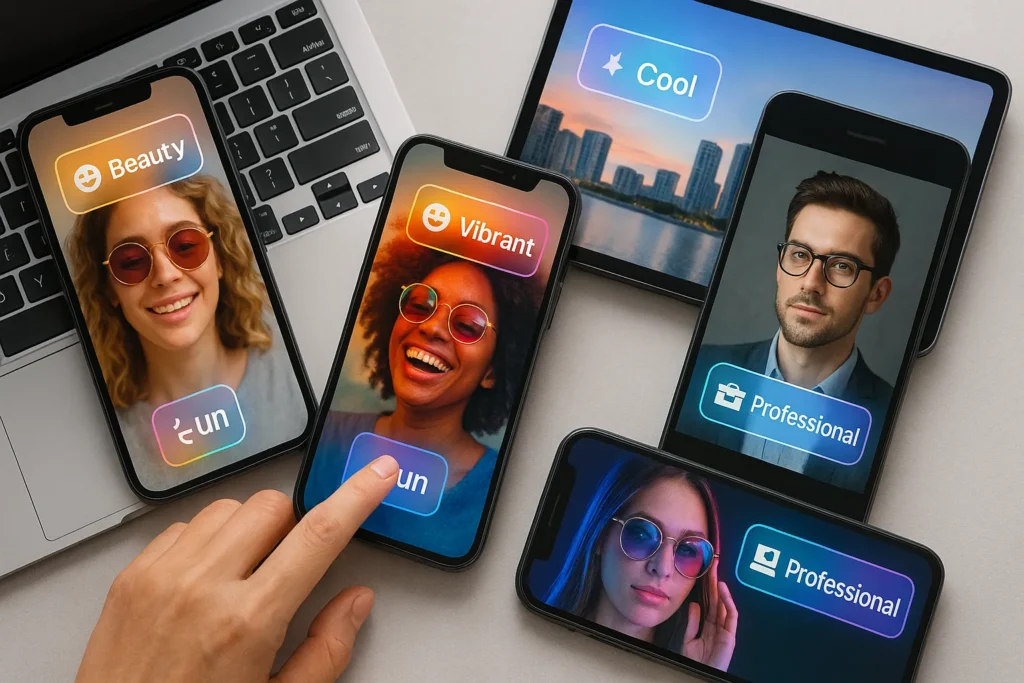 Filtros Instagram: 15 Segredos Para Criar Efeitos Virais E Aumentar Seu Engajamento 5 Mesa com smartphones e tablets exibindo filtros do Instagram, vistos de cima, com mão interagindo.