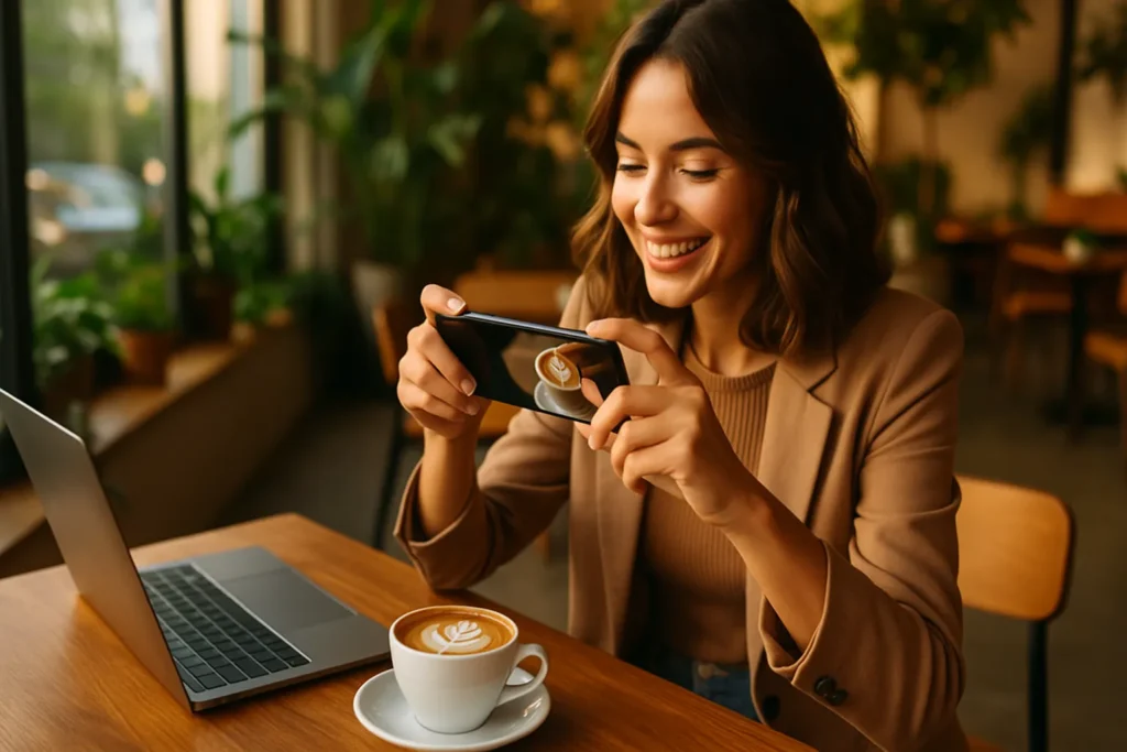 mulher fotografando café latte em ambiente moderno com luz dourada