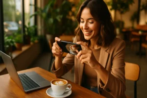 mulher fotografando café latte em ambiente moderno com luz dourada