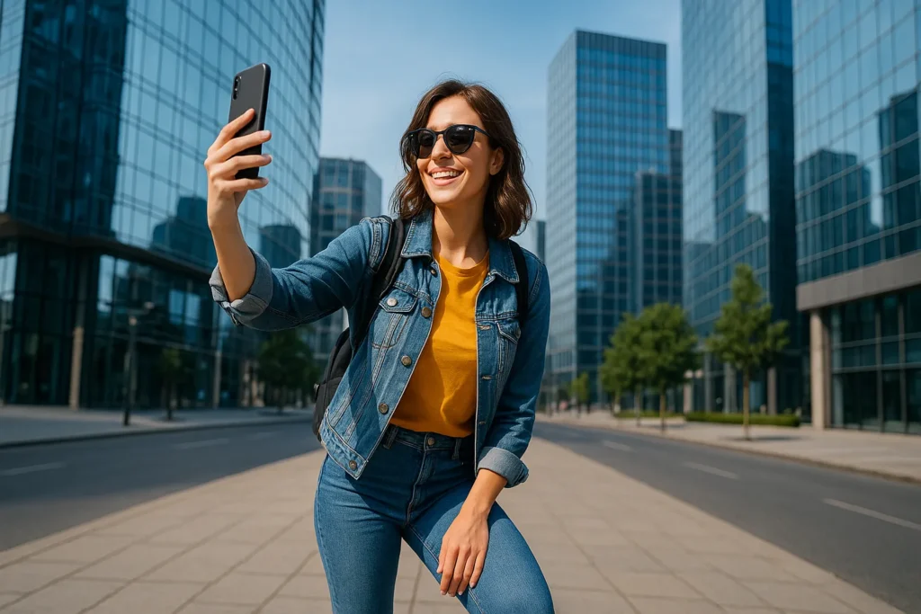 Fotografia Para Redes Sociais: 10 Técnicas Profissionais Usando Apenas Seu Celular 1 Mulher sorridente tirando selfie em rua urbana com prédios de vidro ao fundo