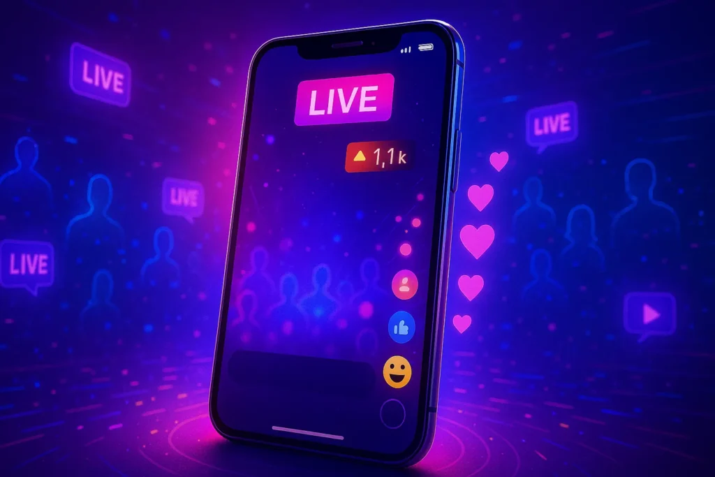 Smartphone em tripé transmitindo live com hologramas de corações e comentários flutuando.