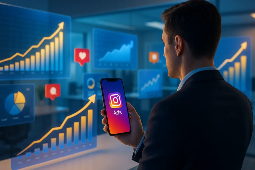Empresário observando smartphone com anúncio e gráficos digitais de crescimento em escritório moderno.