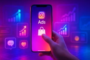 Smartphone futurista exibindo anúncios digitais com hologramas e métricas em crescimento.