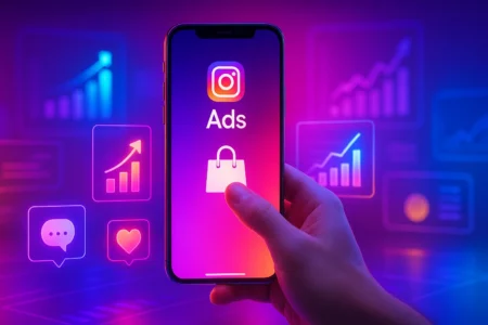Smartphone futurista exibindo anúncios digitais com hologramas e métricas em crescimento.