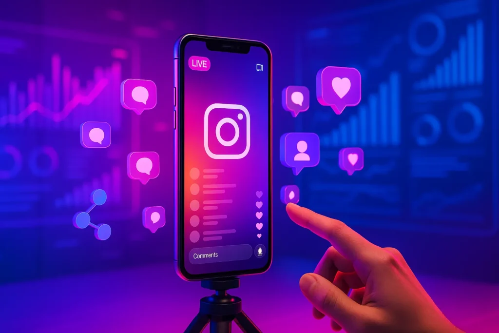 Mesa organizada com notebook, câmera, ring light e smartphone pronto para iniciar live no Instagram