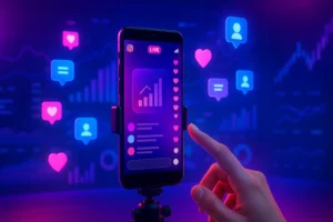 Smartphone em tripé transmitindo live com hologramas de corações e comentários em tons neon.