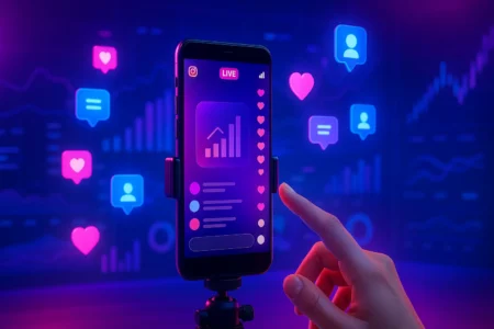 Smartphone em tripé transmitindo live com hologramas de corações e comentários em tons neon.
