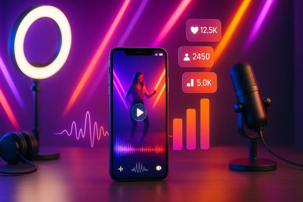 Smartphone em estúdio criativo com métricas de engajamento subindo e ondas sonoras vibrantes.