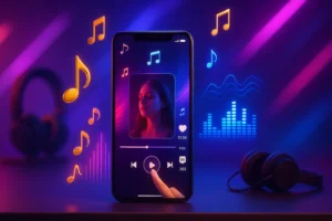 Smartphone em estúdio criativo com notas musicais holográficas e ondas sonoras vibrantes.